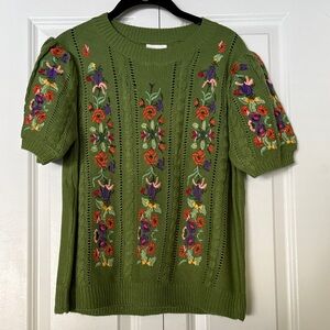 BiBi Green Knit Top with Floral Embroidery